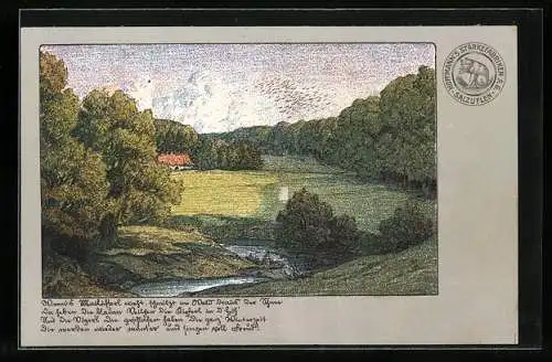 Lithographie Landschaftsidyll, Reklame Hoffmann`s Stärkefabriken