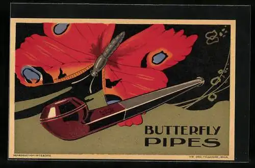 Künstler-AK Butterfly Pipes, Schmetterlin, Reklame für Pfeifen