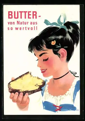 AK Reklame für Butter, junge Dame geniesst ein Butterbrot