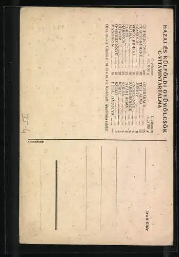 Künstler-AK Gyümölcsöt, Orvossag Helyett, Pfirsische, Erdbeeren und Kirchen vor einer Flasche liegend