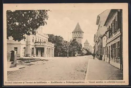 AK Hermannstadt / Nagyszeben, Harteneckgasse mit Stadttheater und Befestigungstürmen