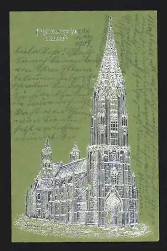 Präge-AK Freiburg i. B., Münster in Silber auf Grün