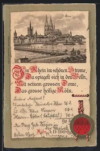 Lithographie Köln, Totalansicht mit Dom und Flusspartie