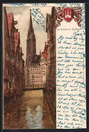 Lithographie Hamburg, Blick aus der Speicherstadt zur St. Nicolai Kirche