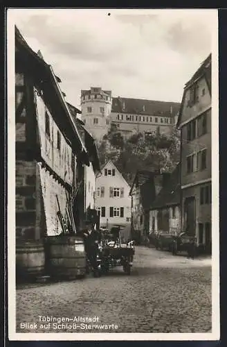 AK Tübingen, Blick aus einer Altstadt-Strasse auf Schloss mit Sternwarte