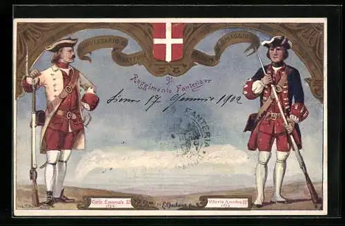 Künstler-AK Reggimento 9° Fanteria, Carlo Emanuele III., Vittorio Amedeo, Italienisches Infanterie-Regiment