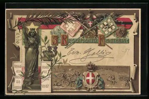 Lithographie 5. Reggimento Fanteria, Fahnen, Adler, Wappen