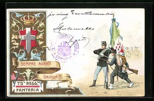Lithographie 75° Reggimento Fanteria, Soldaten des 75. italienischen Infanterie-Regiments