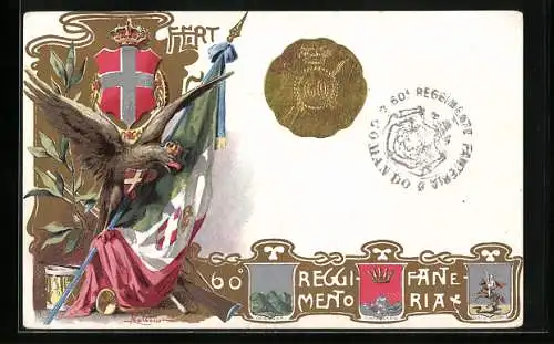 Lithographie 60° Reggimento Fanteria, 60. Italienisches Infanterie-Regiment, Fahne, Wappen