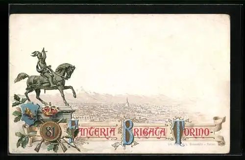 Lithographie 91. Fanteria Brigata Torino, Ritterstandbild und Stadtpanorama