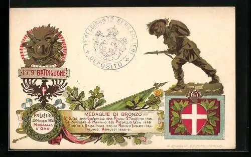 Lithographie 1° 7° 9° Battaglione, Palestro 1859, 1° Reggimento Bersaglieri