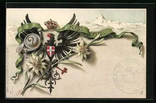 Lithographie 2 Reggimento Alpini Wappenadler und Posthorn