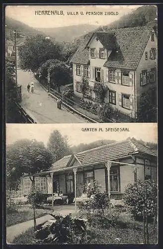 AK Herrenalb, Hotel Zibold, Villa mit Strasse aus der Vogelschau, Garten mit Speisesaal