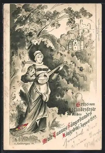 Lithographie Königstein i. T., Bundesfest Main-Taunus-Sängerbund 1899, Sängerin mit Laute vor der Stadt