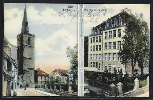 AK Erfurt, Kunstgewerbeschule, Ortspartie mit Nikolaiturm