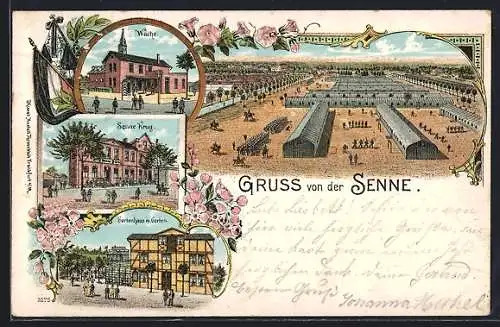 Lithographie Senne, Truppenübungsplatz, Gasthaus Senne Krug, Gartenhaus mit Garten, Wache, Baracken