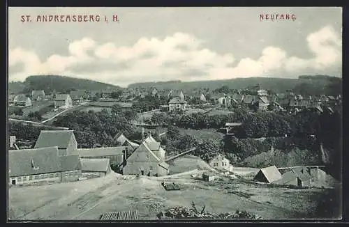 AK St. Andreasberg i. H., Neufang, Ortsansicht mit Erzbergwerk aus der Vogelschau