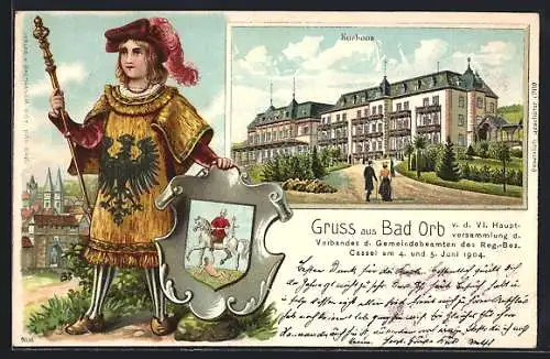 Passepartout-Lithographie Bad Orb, Kurhaus mit Anlagen, Junger Zeremonienmeister mit Wappen vor Ortskulisse