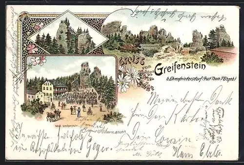 Lithographie Ehrenfriedersdorf, Hotel Greifenstein, Aussichtsfelsen auf dem Greifenstein