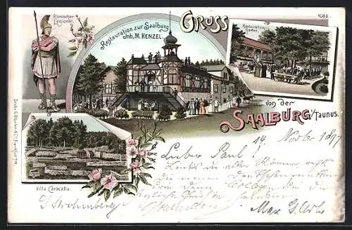 Lithographie Saalburg / Taunus, Restaurant Zur Saalburg mit Garten, Villa Caracalla