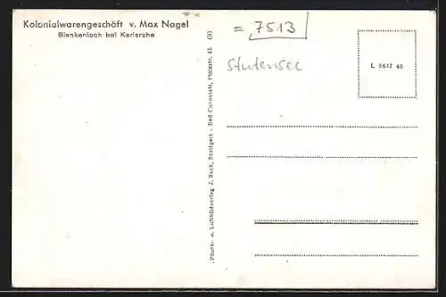 AK Blankenloch /Karlsruhe, Kolonialwaren Max Nagel, Strassenpartie, Kirchenpartie, Kriegerdenkmal