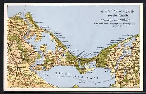 AK Ueckeritz, Wanderkarte von den Inseln Usedom und Wollin, Landkarte