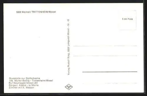 AK Trittenheim /Mosel, Das Gasthaus zur Dorfschenke mit Innenansicht, Inh. Walter Bollig