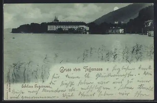 Mondschein-AK Tegernsee, Das Schloss Tegernsee am Wasser