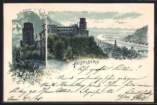 Lithographie Heidelberg, Teilansicht, Der Altan