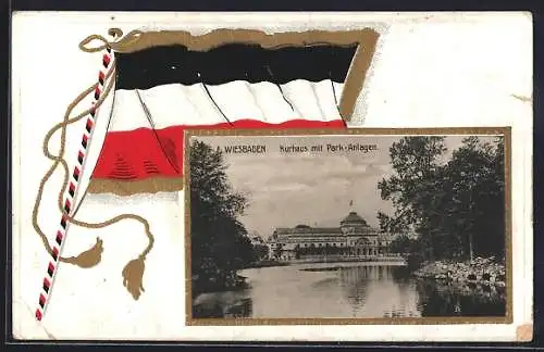 AK Wiesbaden, Kurhaus mit Park-Anlagen, Passepartout mit deutscher Reichsflagge