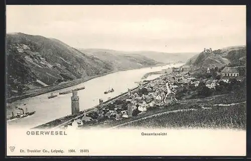 AK Oberwesel, Gesamtansicht mit Turm und Burg aus der Vogelschau