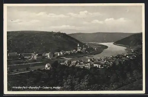 AK Niederfell, Moselpartie mit Gondorf-Cobern aus der Vogelschau