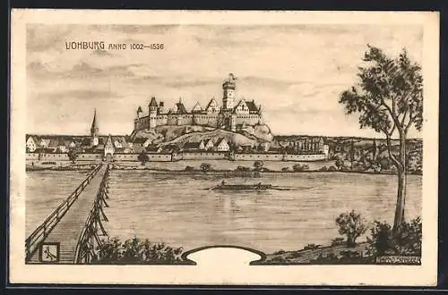 Künstler-AK Vohburg, Historische Ortsansicht mit Brücke, Wappen