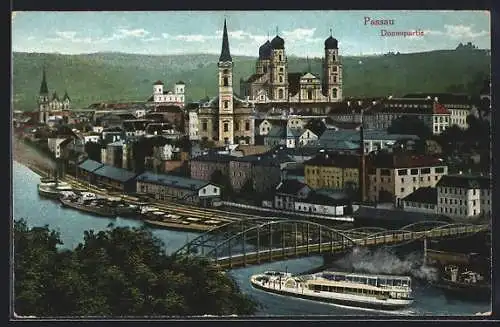 AK Passau, Teilansicht an der Donauseite, Ausflugsdampfer unter der Brücke