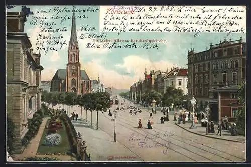 AK Karlsruhe, Blick in die Durlacher Allee u. Bernharduskirche