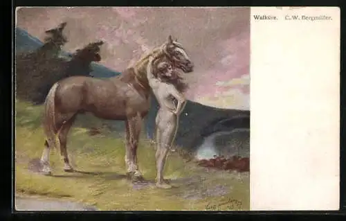 Künstler-AK Walküre mit Pferd auf einer Wiese, Richard Wagner