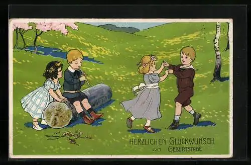Lithographie Tanzendes kleines Paar und kleiner Flötenspieler im Grünen, Geburtstagsgruss