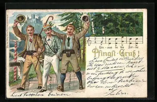 Lithographie Männer beim Pfingstspaziergang, Pfingst-Gruss