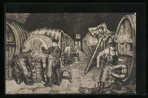 AK Lustiges Treiben im Weinkeller