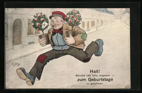 Künstler-AK Geburtstagsglückwünsche, Page mit Blumen