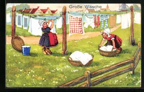 AK Kleine Niederländerinnen beim Aufhängen von Wäsche