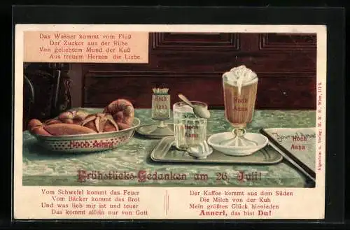 Lithographie Frühstücks-Stilleben mit Brötchen, Hoch Anna, Grusskarte