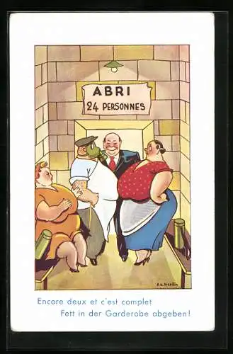 AK Fett in der Garderobe abgeben!, Karikatur