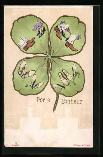Passepartout-Lithographie Porte Bonheur, Ausflug eines Paares, Schuhe auf der Wiese, Kleeblatt