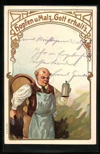 Lithographie Brauer mit Bierseidel vor einem Fass