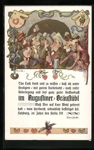 AK Salzburg, Gasthaus Augustiner Bräustübl, Trinkerurkunde