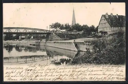 AK Holzminden, Weserpartie mit Brücke und Kirche