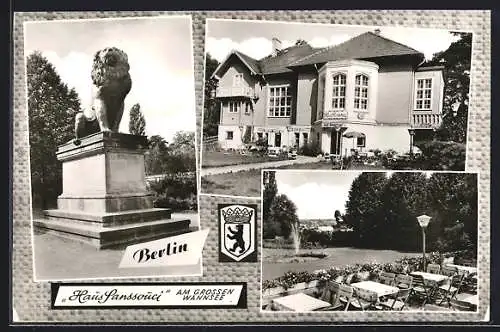 AK Berlin-Wannsee, Restaurant-Cafe Haus Sanssouci Kiederling, Löwen-Statue, Wappen