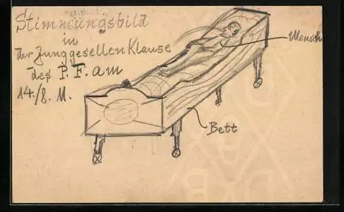 Künstler-AK Handgemalt: Mann im Bett, Stimmungsbild in der Junggesellenklause des PF