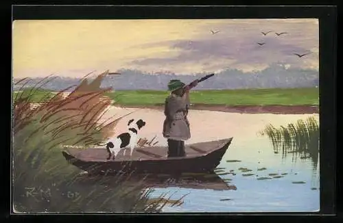 Künstler-AK Handgemalt: Der Jäger mit seinem Hund beim Schiessen von Vögeln